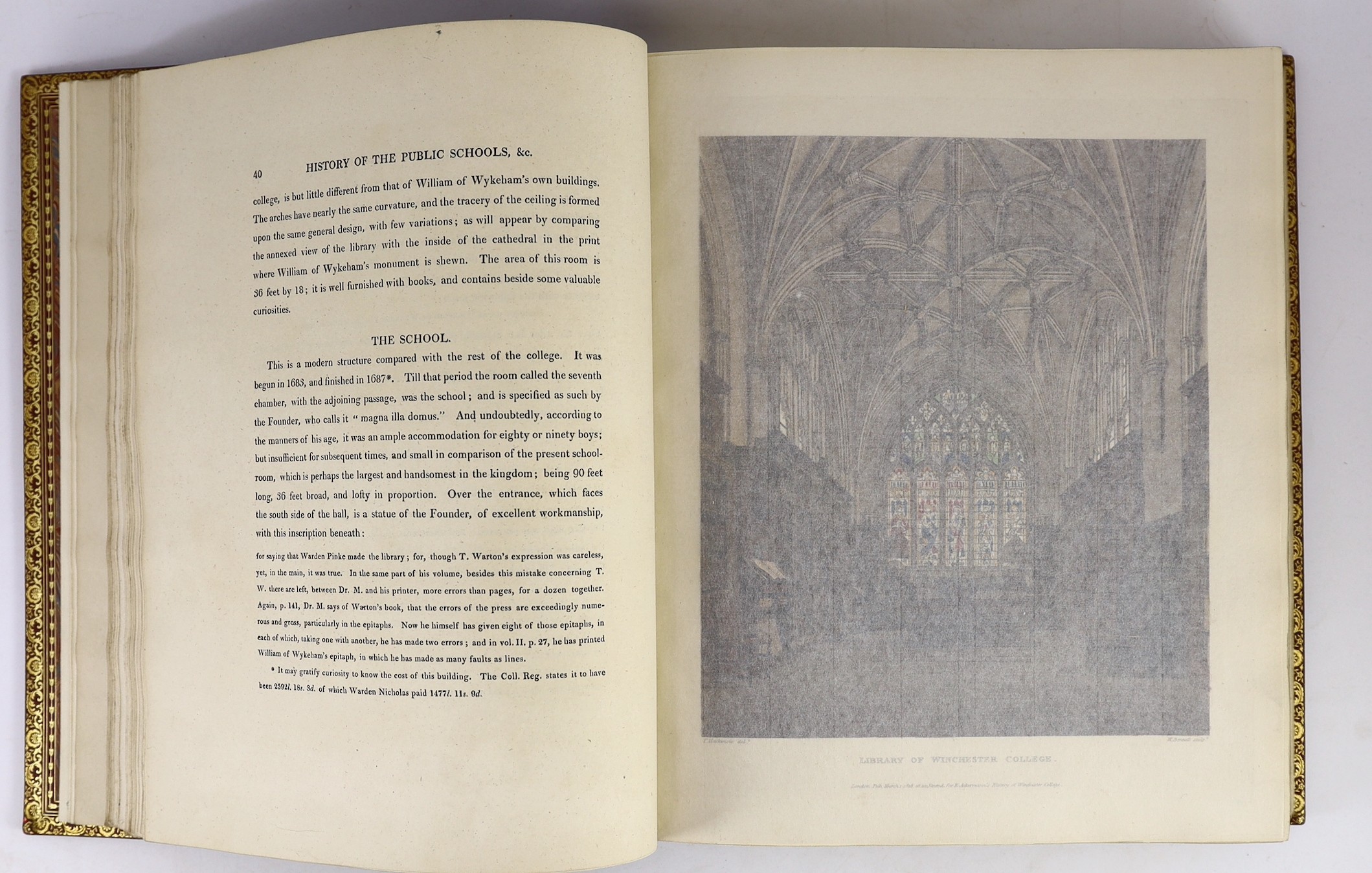 Ackermann Publications, Rudolph-London - The History of Winchester, Eton and Westminster….4to, red morocco gilt, by Birdsall, Northampton, with 48 hand-coloured plates after Pugin, Westall and others, London, 1816, with